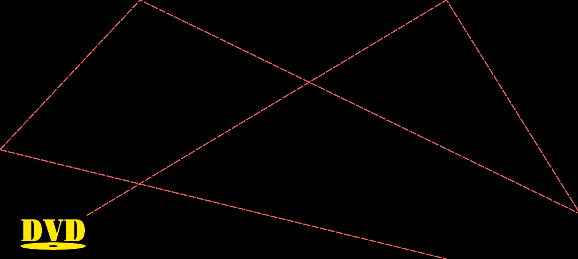 Il percorso tratteggiato di un logo DVD che rimbalza su uno schermo nero, con il logo fermo nello spigolo in basso a sinistra