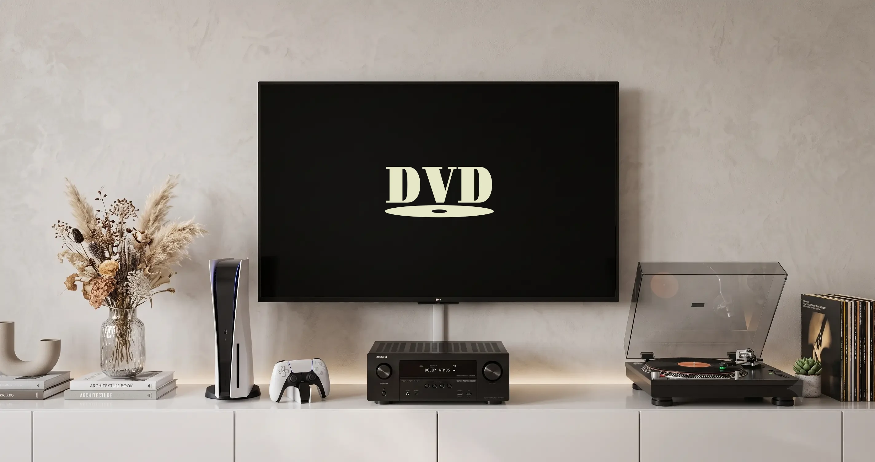 Un televisore a parete in un soggiorno mostra un logo DVD che rimbalza su uno schermo nero, con una console, un sintoamplificatore AV e un giradischi sul mobile sottostante