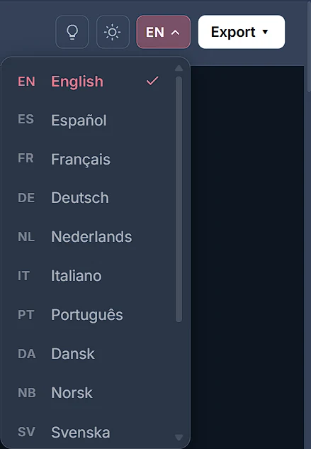 The language menu open, listing English, Español, Français, Deutsch, Nederlands, Italiano, Português, Dansk, Norsk and Svenska, with more below