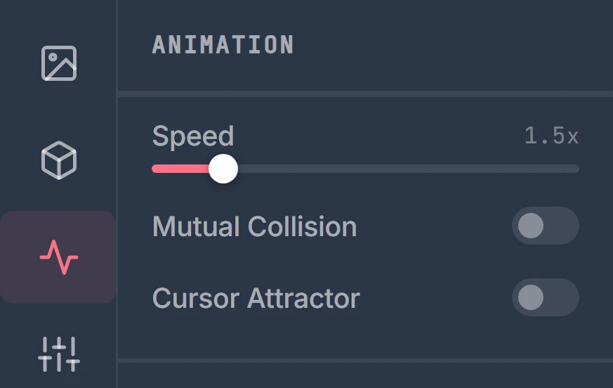 The Animation panel with a Speed slider set to 1.5x and toggles for Mutual Collision and Cursor Attractor, both switched off